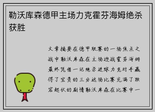 勒沃库森德甲主场力克霍芬海姆绝杀获胜